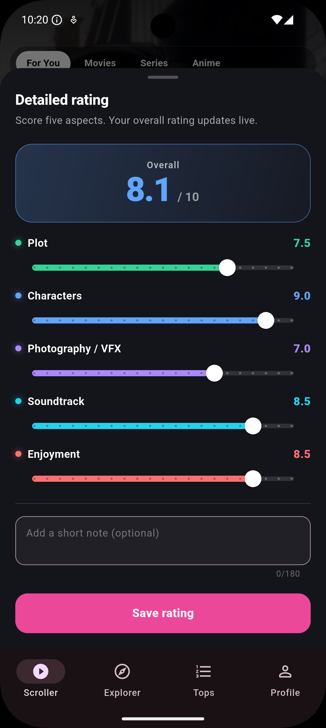 Detailed rating screen